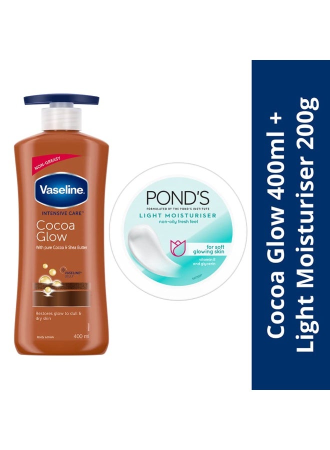 Vaseline Winter Care Combo: Cocoa Glow Lotion, 400Ml With Ponds Light Moisturiser 200Ml, For Soft & Glowing Skin - Image 2